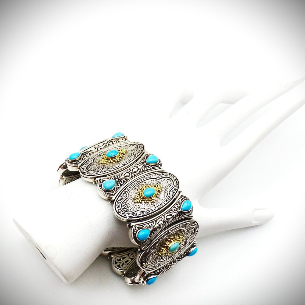 KONSTANTINO Sterling Silver 18K Gold Turquoise Wide Bangle Bracelet 149 Grams - Picture 12 of 15